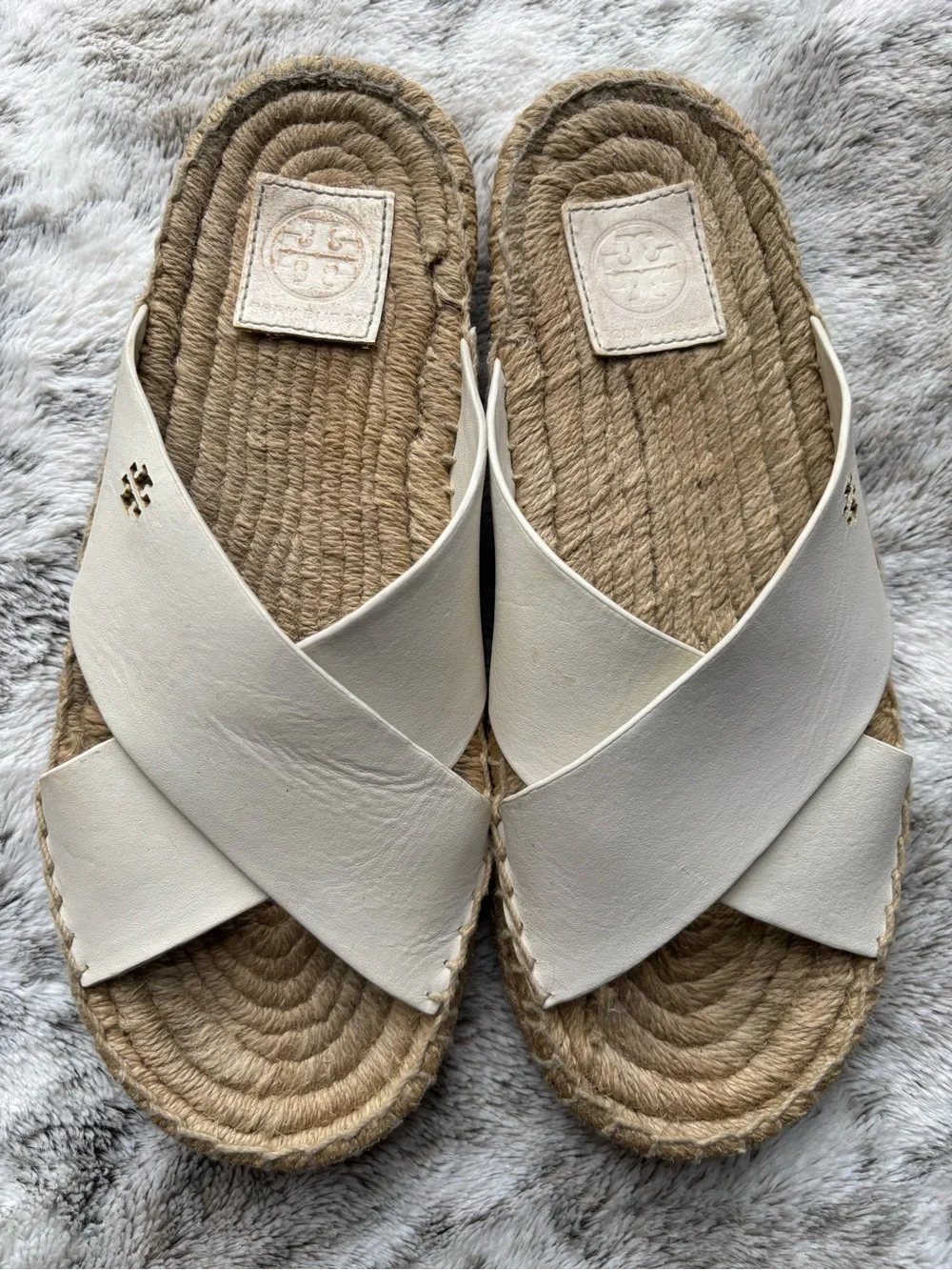 Tory Burch Cream Leather Cross-Strap Espadrille Sandals